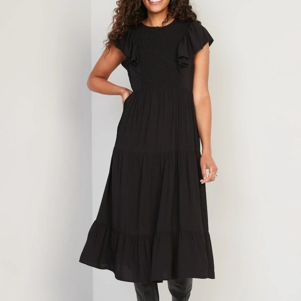 Old Navy Fit & Flare Flutter-Sleeve Tiered Smocked Midi Dress in Black Sz L